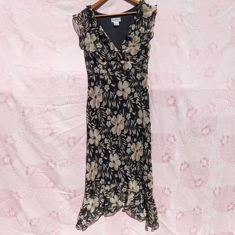 Vintage 90s Dark Floral Chiffon Dress Large Black Whimsigoth Empire Fairy Grunge